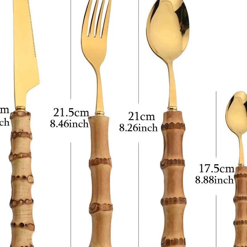 Conjunto de talheres de bambu de aço inoxidável, 4 unidades, alça puramente natural, conjunto de talheres, bife, faca, talheres