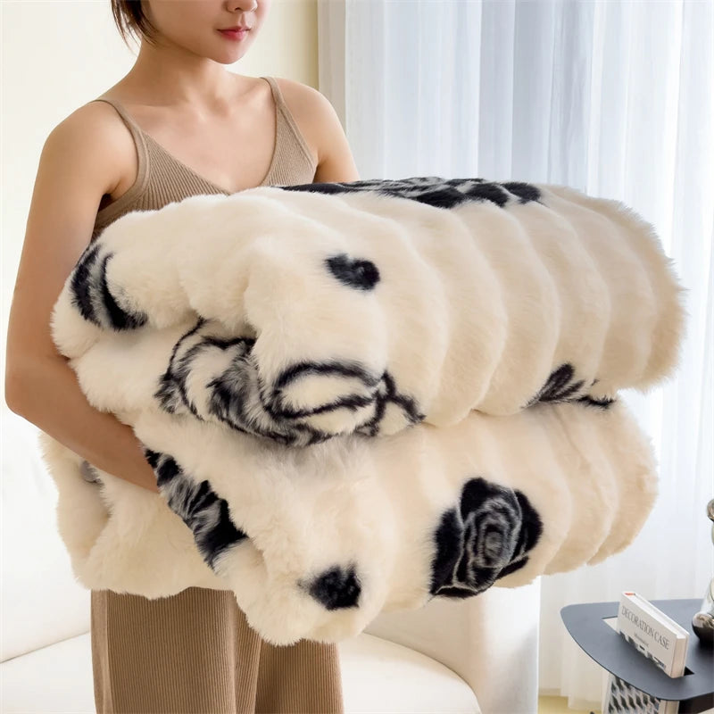 Cobertores de pelúcia fofos com estampa floral para o inverno, cobertor luxuoso de pele de coelho falso para sofá, tamanho queen, cobertor grosso e quente para cama