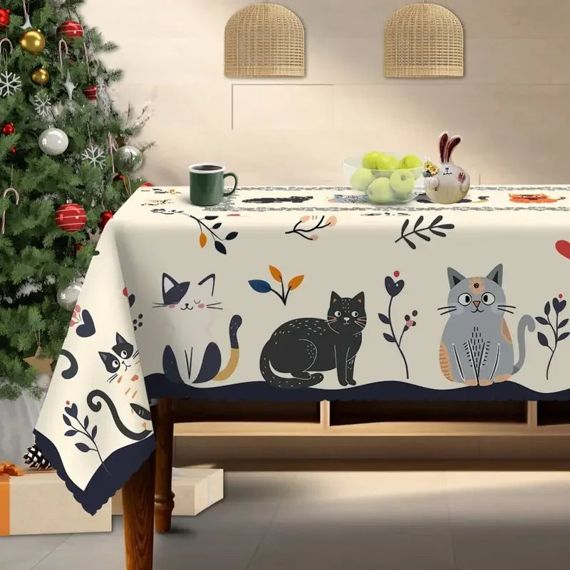 Toalha de mesa retangular com estampa floral de gato fofo, decoração de festa de casamento, laranja, preto, cinza, gatos, poliéster, decoração de mesa de jantar