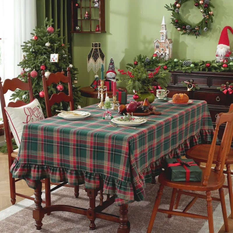 Natal verde xadrez babados toalha de mesa retangular/redondo lavável anti-mancha decorações de mesa para cozinha capa de mesa de casamento