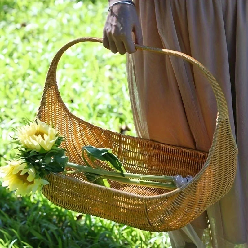 Cesta Escultural de Rattan Natural para Pães e Frutas Frescas
