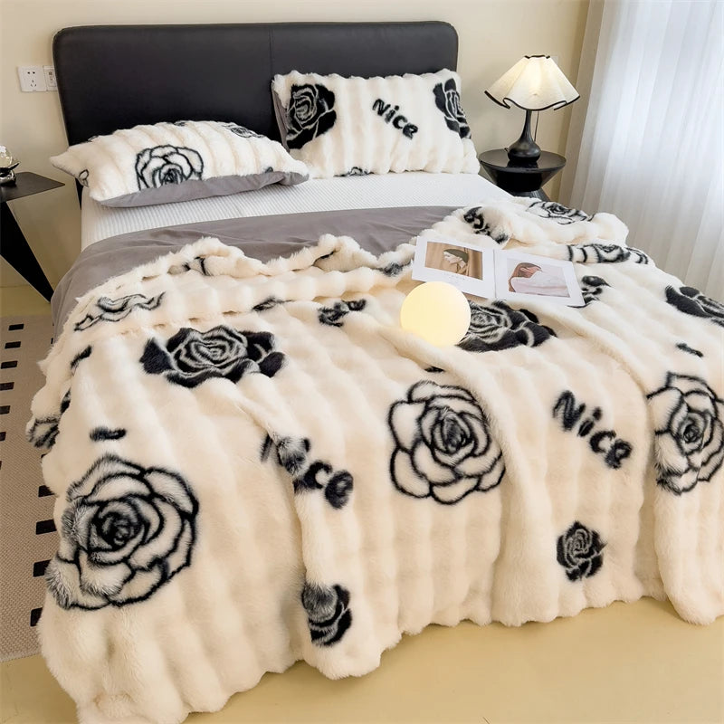 Cobertores de pelúcia fofos com estampa floral para o inverno, cobertor luxuoso de pele de coelho falso para sofá, tamanho queen, cobertor grosso e quente para cama