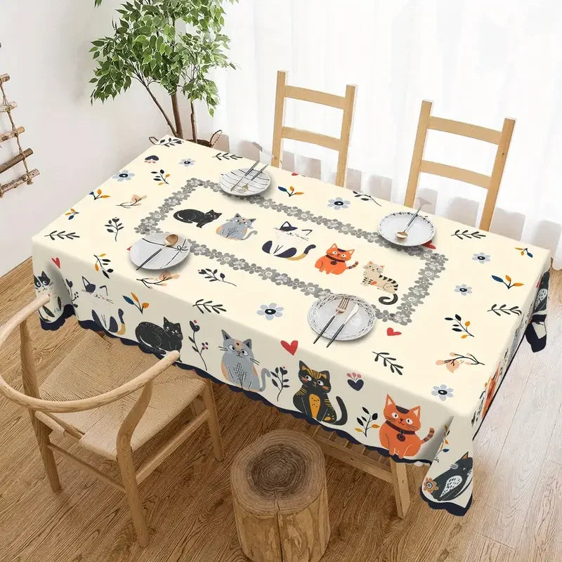 Toalha de mesa retangular com estampa floral de gato fofo, decoração de festa de casamento, laranja, preto, cinza, gatos, poliéster, decoração de mesa de jantar