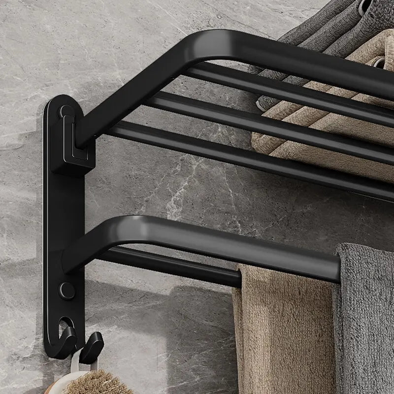 Preto fosco 50CM Folding Suporte Com Gancho Toalha Suporte Wall Mount AluminumTowel Rack