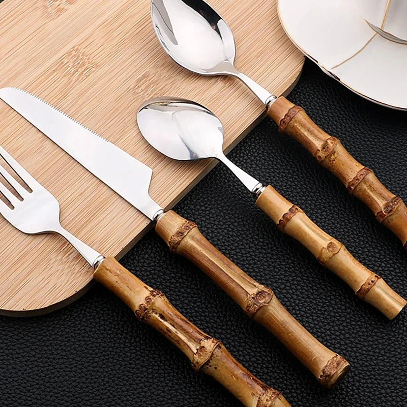 Conjunto de talheres de bambu de aço inoxidável, 4 unidades, alça puramente natural, conjunto de talheres, bife, faca, talheres