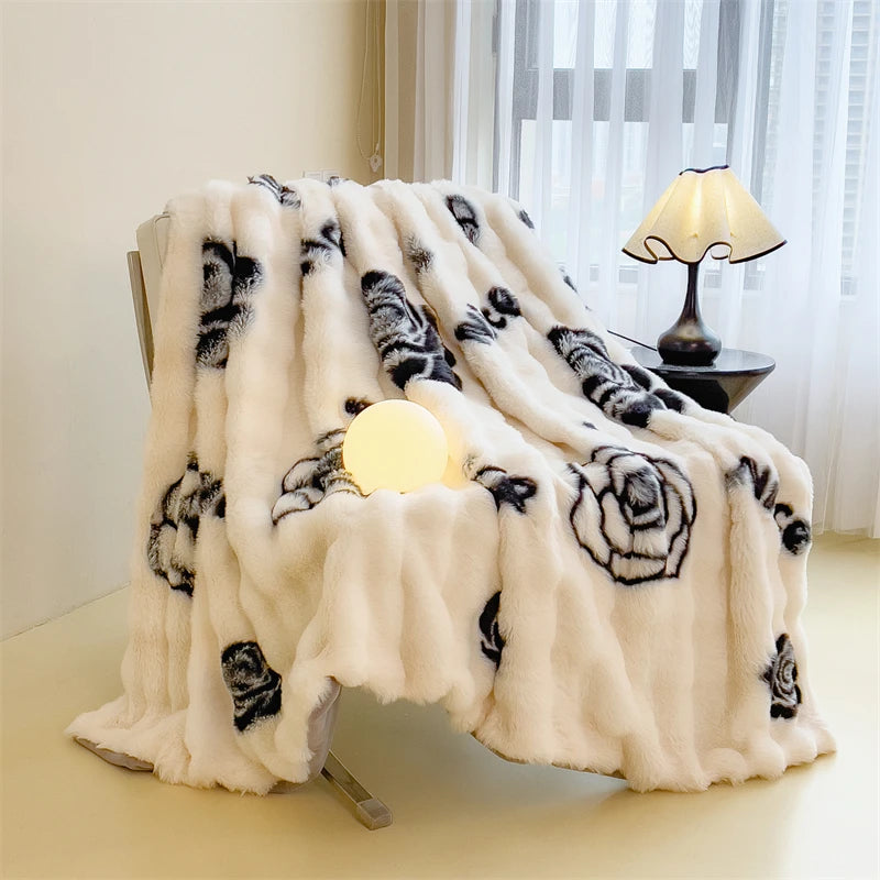 Cobertores de pelúcia fofos com estampa floral para o inverno, cobertor luxuoso de pele de coelho falso para sofá, tamanho queen, cobertor grosso e quente para cama
