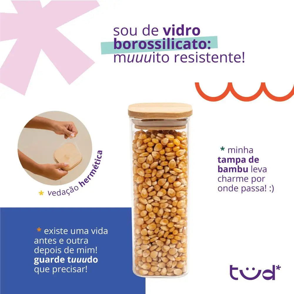 Conjunto de 11 Potes de Vidro com Tampa de Bambu Hermética