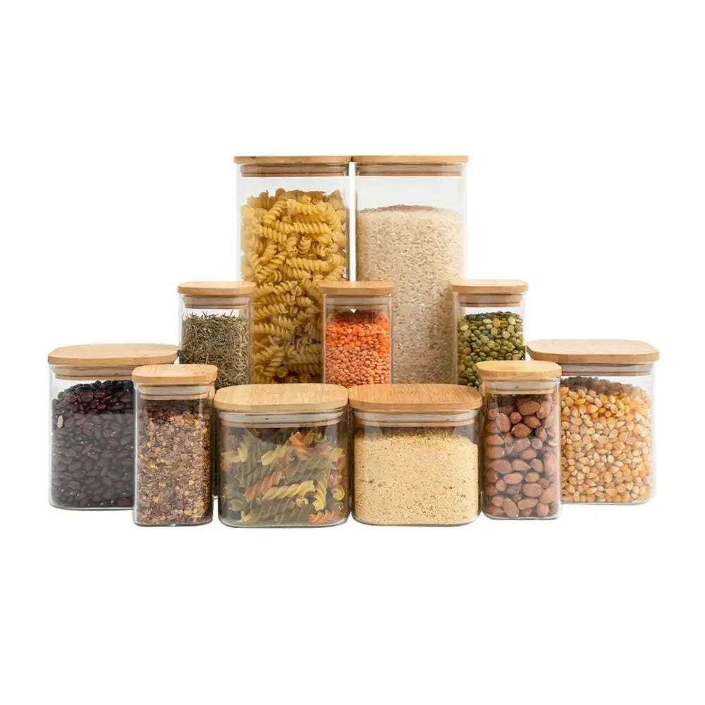 Conjunto de 11 Potes de Vidro com Tampa de Bambu Hermética