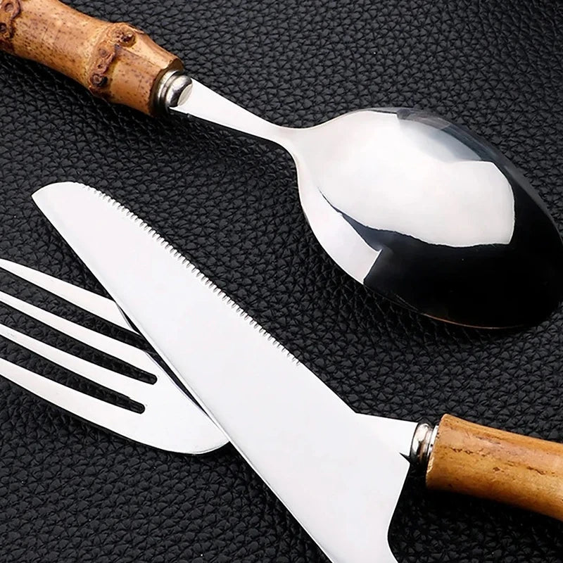 Conjunto de talheres de bambu de aço inoxidável, 4 unidades, alça puramente natural, conjunto de talheres, bife, faca, talheres