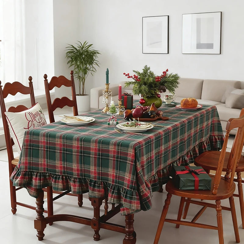 Natal verde xadrez babados toalha de mesa retangular/redondo lavável anti-mancha decorações de mesa para cozinha capa de mesa de casamento