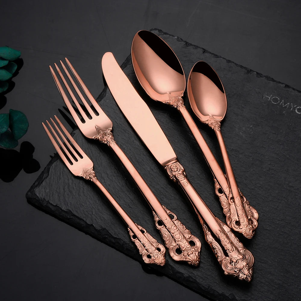 Luxo PVD aço inoxidável talheres, ouro rosa cor talheres, talheres preto conjunto para casa, casamento, hotel, 18, 10, 24 pcs