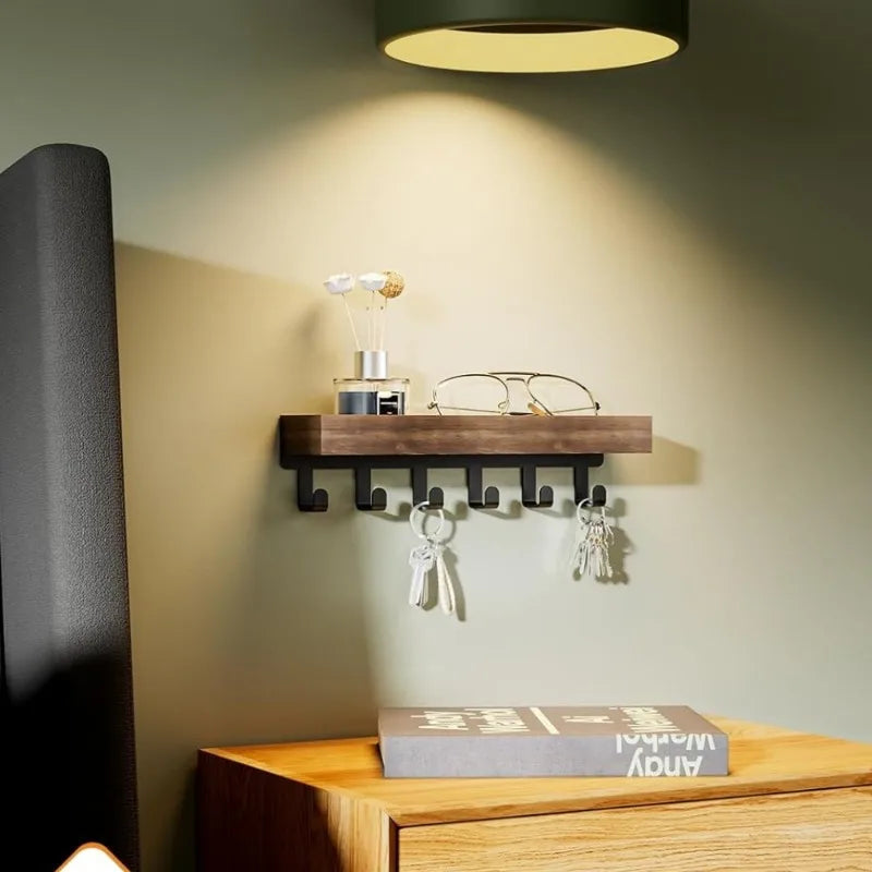 Prateleira flutuante de madeira rústica com 6 ganchos, suporte para chuveiro e chave, organizador de armazenamento estilo nórdico para casa, quarto, banheiro
