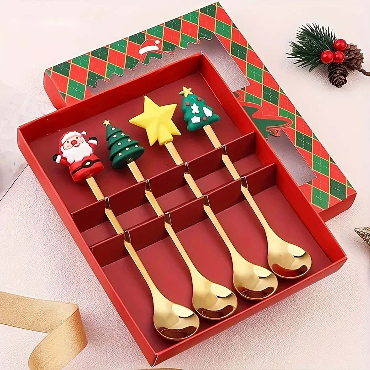 2/4/6 pçs conjunto de garfo e colher de natal, utensílios de mesa criativos de aço inoxidável, garfos de sobremesa de chá de café e colheres conjunto de presente