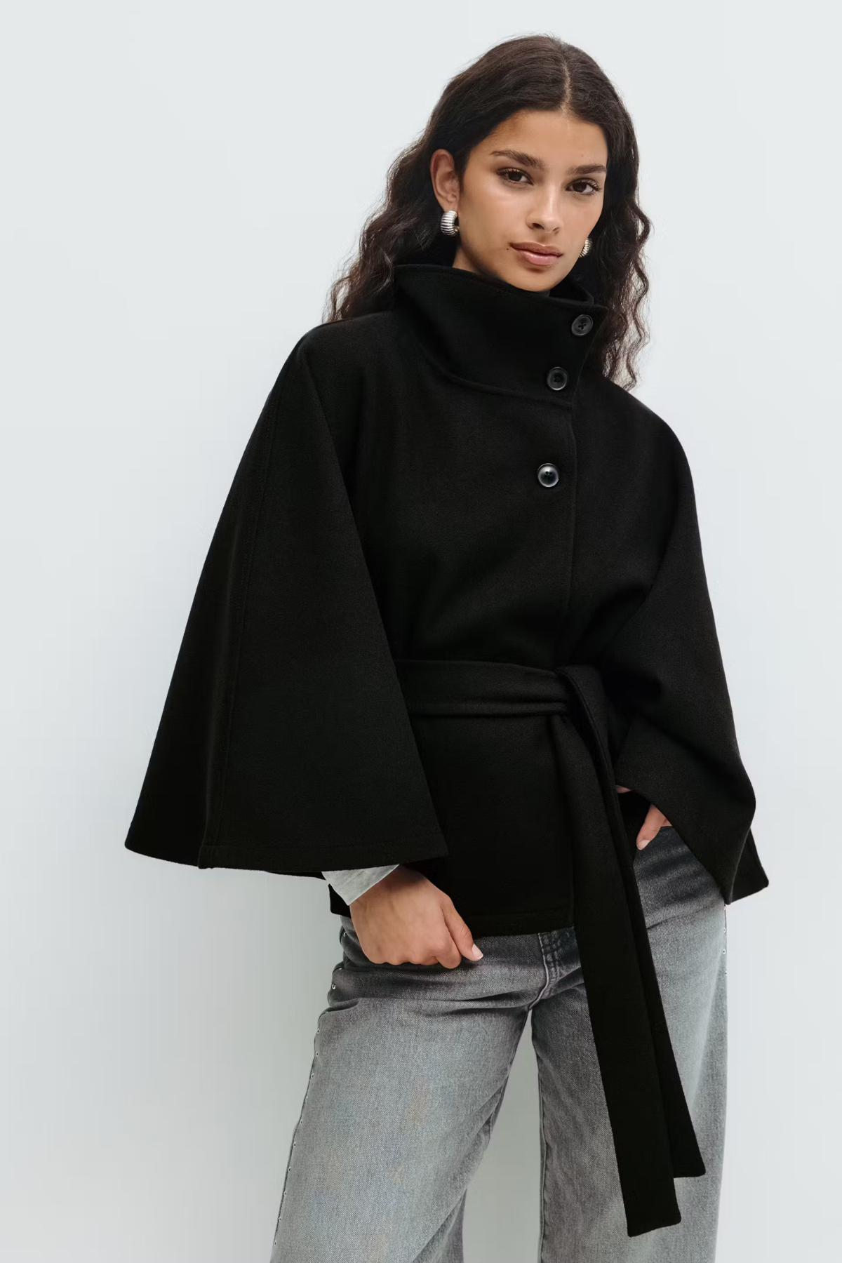 Women’s Belted Cape Jacket – Elegant Wool Blend Coat